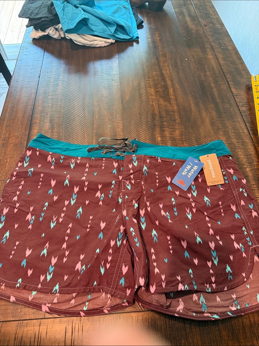 Patagonia Maroon Athletic Shorts with Teal Waistband and Pink Teal Print